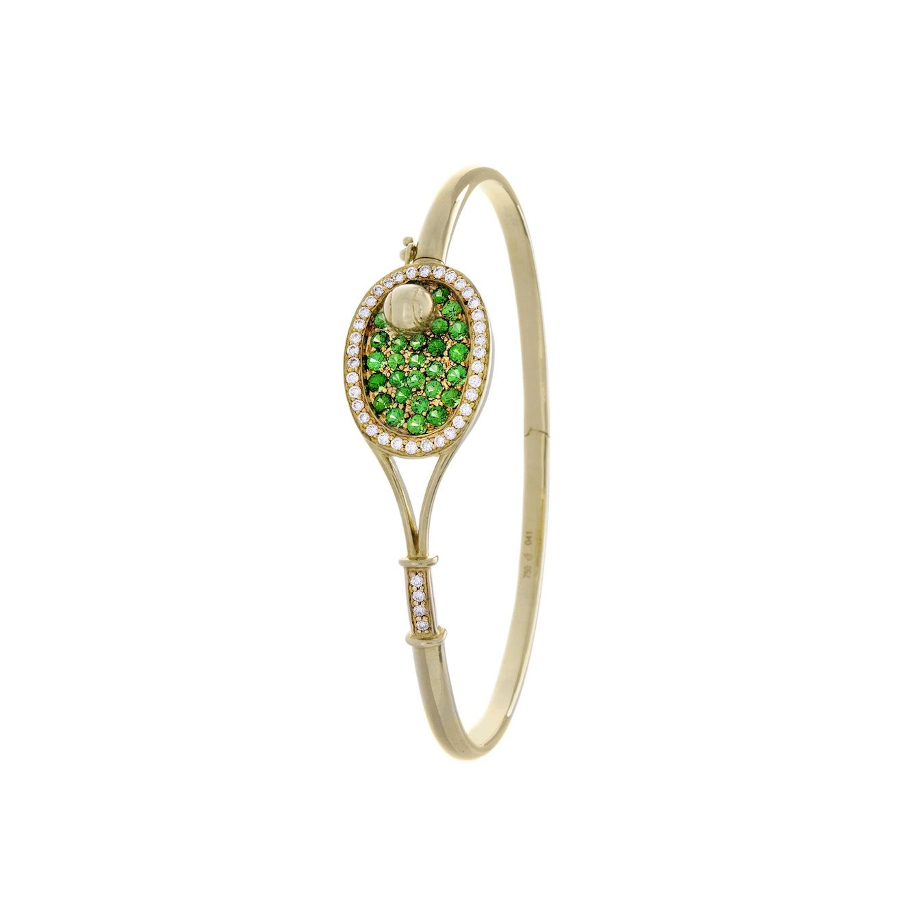 Racket-shaped tennis bracelet & tennis ball (18K solid yellow gold with 25 tsavorite gemstones and 40 diamonds)