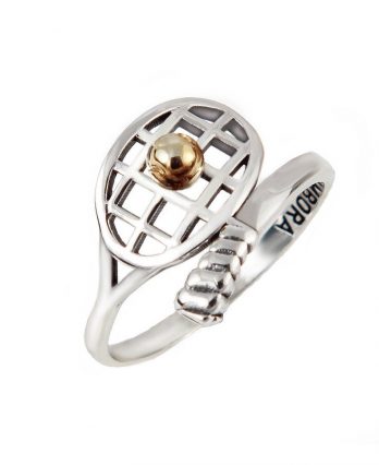 Racket-shaped silver tennis ring with 14K gold tennis ball
