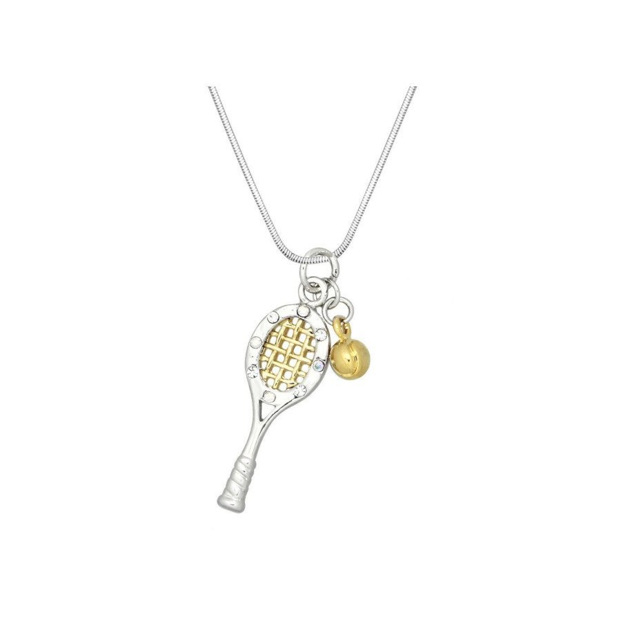Tennis jewelry consisting of necklace with racket & ball charm pendant + sparkling crystal & 17 chain