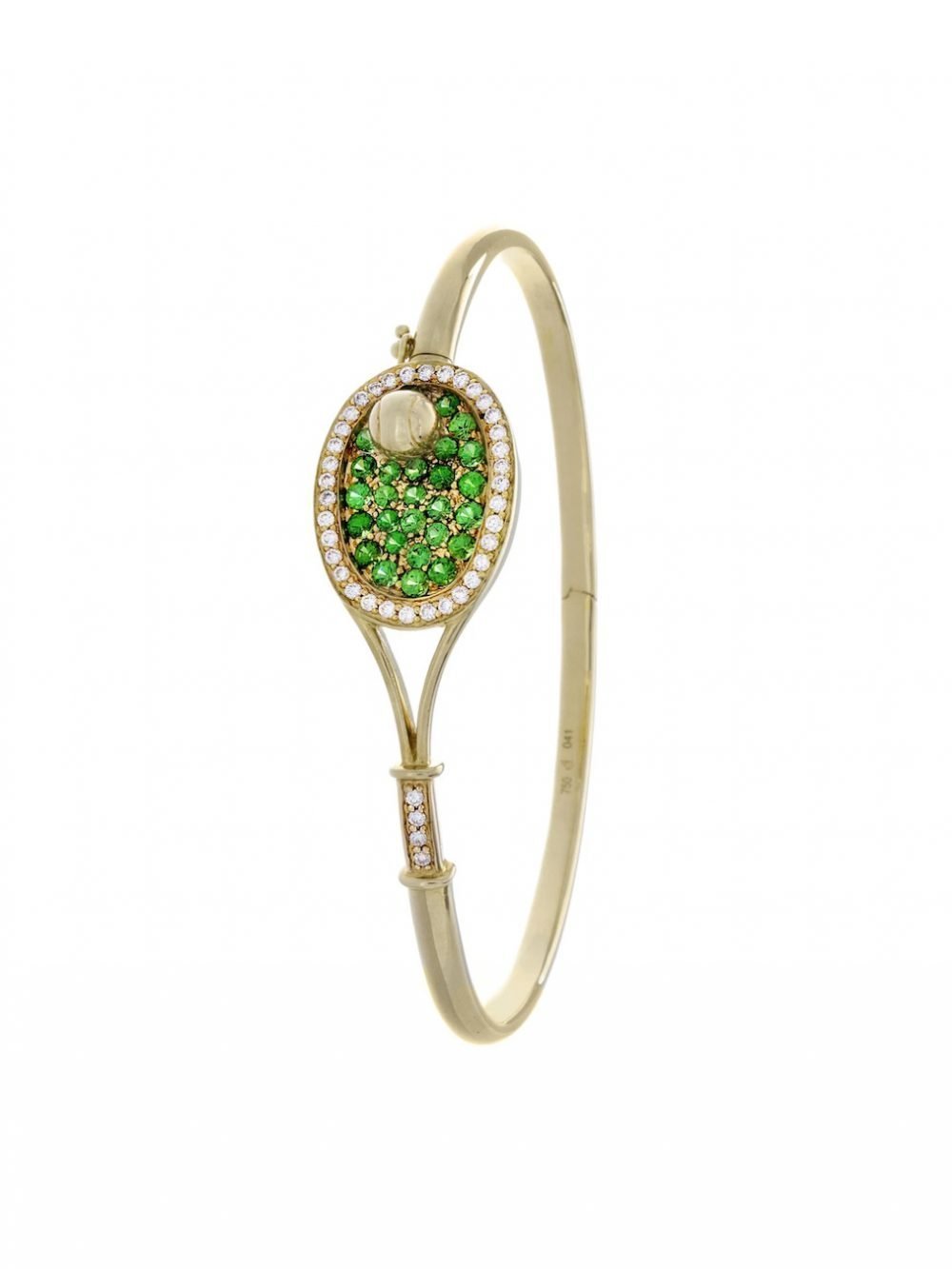 Tennis jewelry consisting of racket-shaped bracelet & tennis ball (18K solid yellow gold with 25 tsavorite gemstones and 40 diamonds)