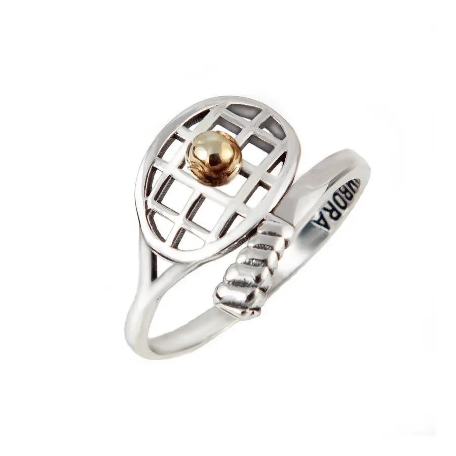 Tennis jewelry consisting of tennis racket silver ring and 14K gold tennis ball