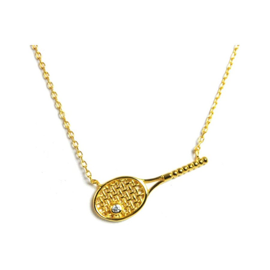 Tennis necklace consisting of pendant with 18k gold-plated tennis racket & crystal ball