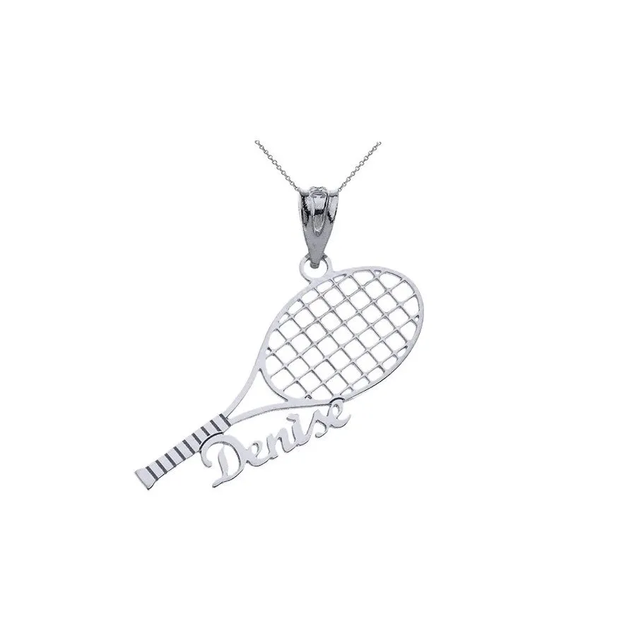 14 Karat White Gold Customized Tennis Racquet Pendant Necklace with Your Name from Tennis Necklaces