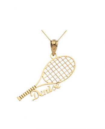 14 Karat Yellow Gold Customized Tennis Racquet Pendant Necklace with Your Name from Tennis Necklaces
