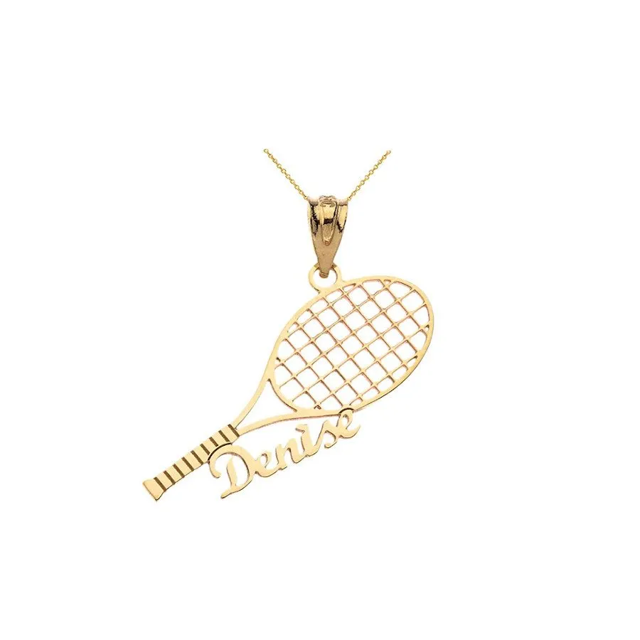 14 Karat Yellow Gold Customized Tennis Racquet Pendant Necklace with Your Name from Tennis Necklaces